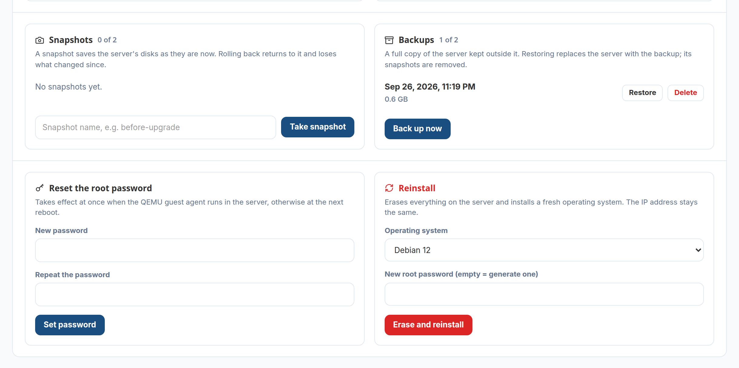 Snapshots, backups, password and reinstall